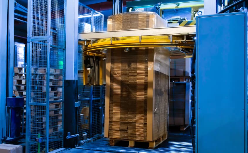 Automatic strapping and wrapping system securing a palletised load